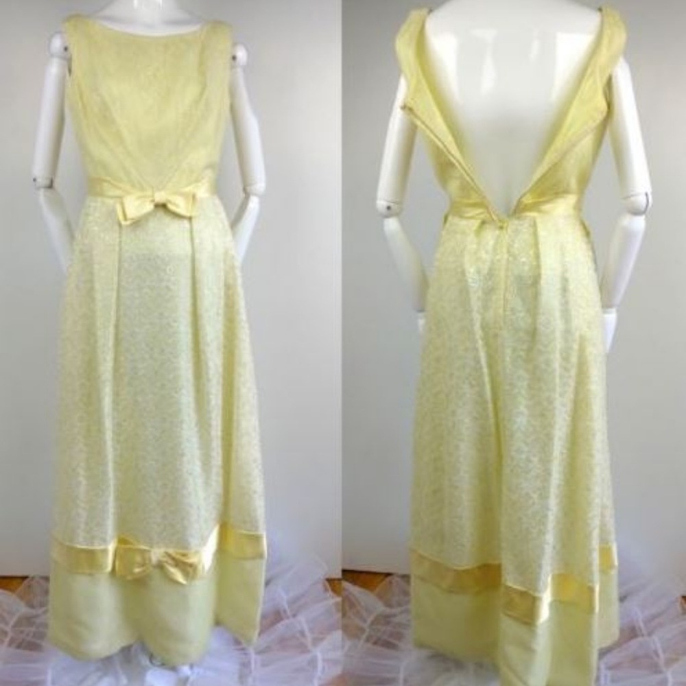 Vintage 60s Lace Cocktail Gown Prom Dress Yellow S